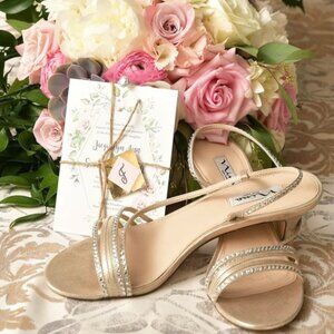 Nina Gerri Strappy Slingback Mid Heels 2.75" Taupe Gold Rhinestone 9.5